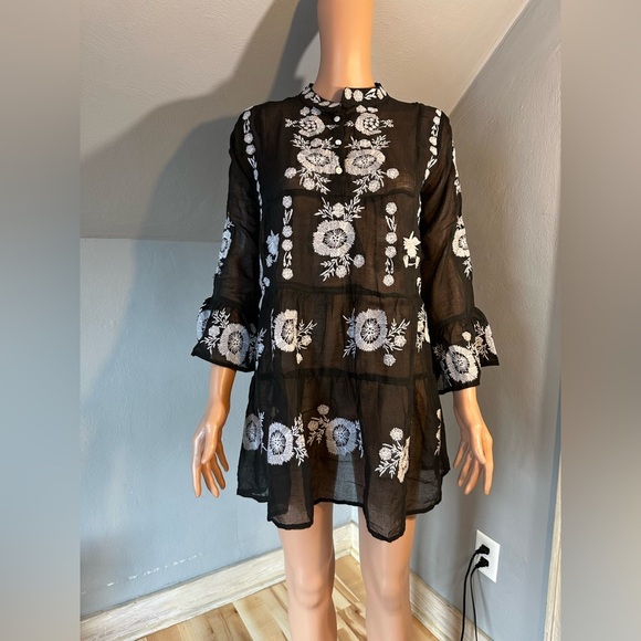 PQ Swim Embroidered Black White Sheer Cover Up Mini Dress XS/S - Picture 6 of 9